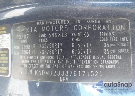 2007 Kia Sedona Ex from USA, damaged, VIN KNDMB233876171521